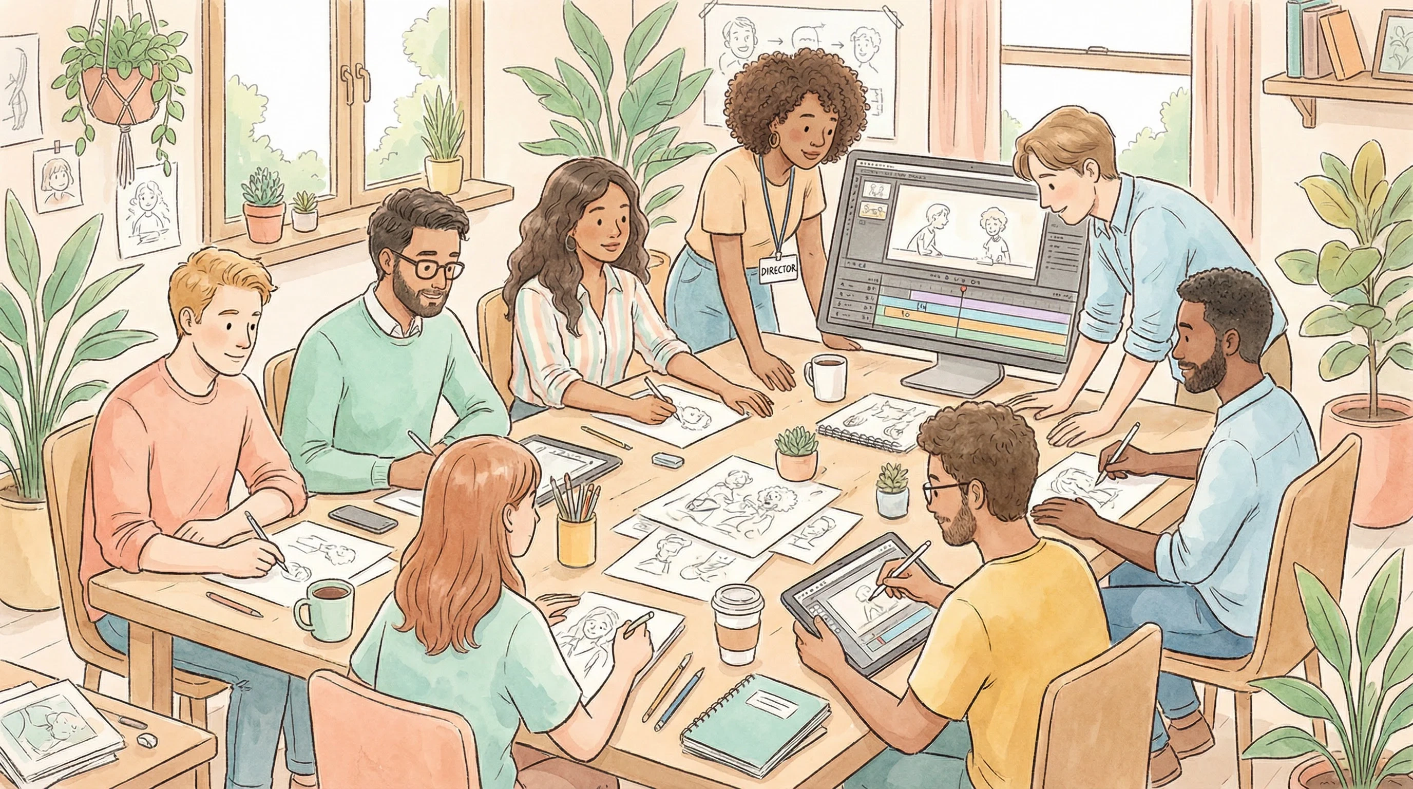 小二先生创作团队工作场景插画 - 多元化动画创作团队协作