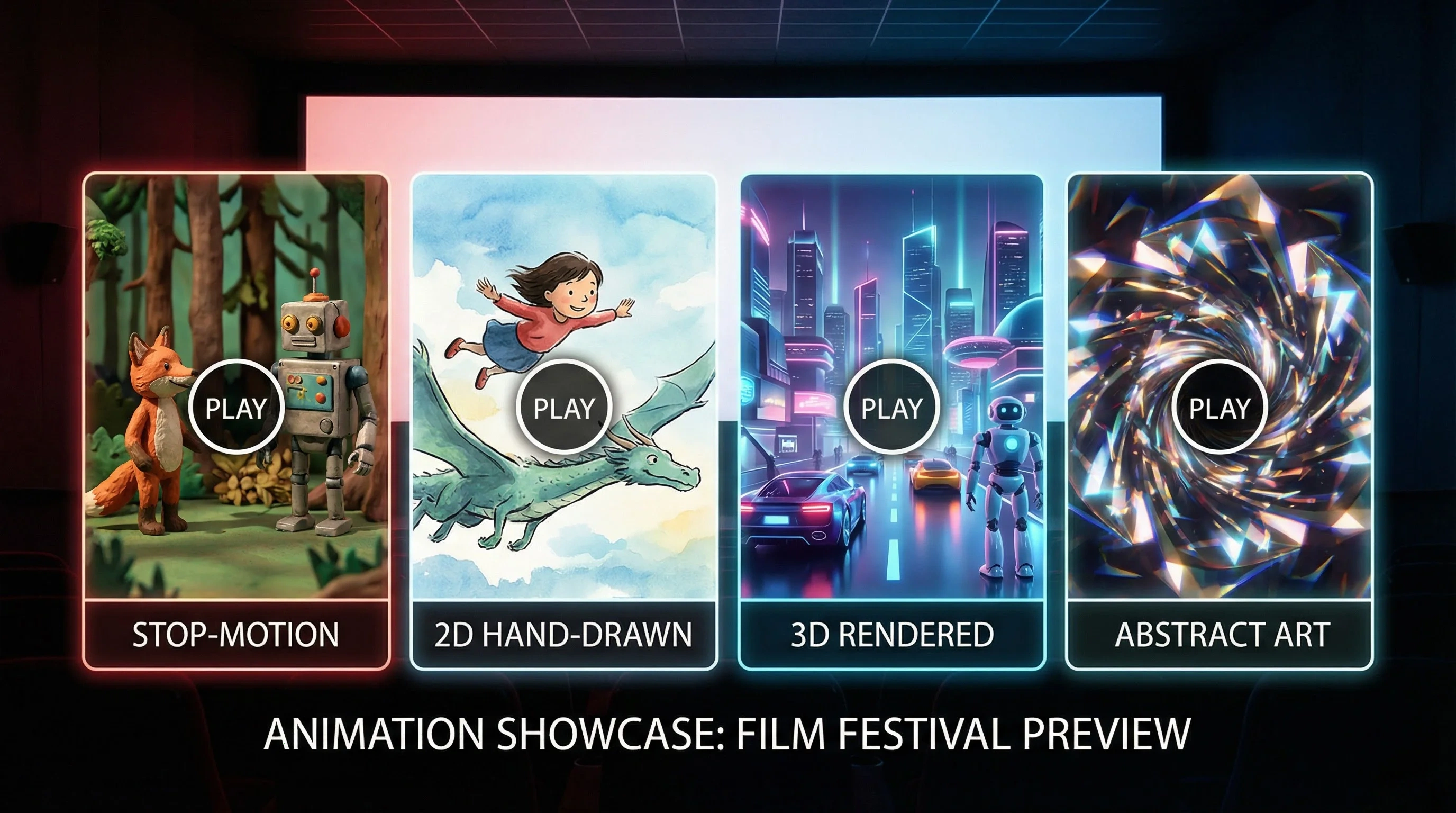 小二先生动画预告片合集横幅 - 定格动画、2D手绘、3D渲染、抽象艺术四种风格预览